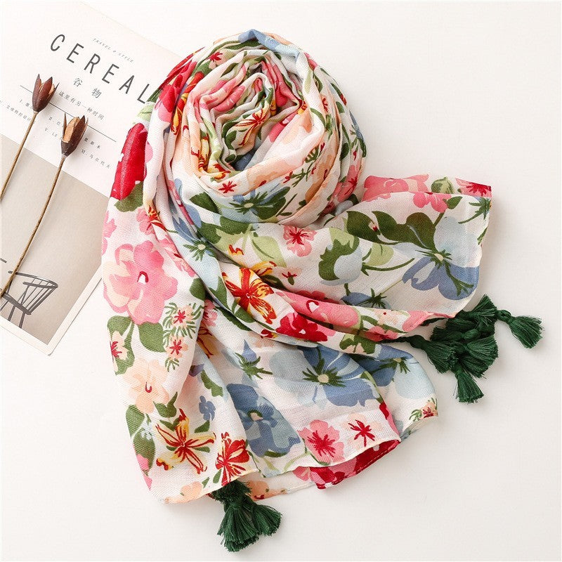 Floral Cotton Viscose Scarf Women Large Soft Shawl Tassel Spring Wrap 71" x 35"