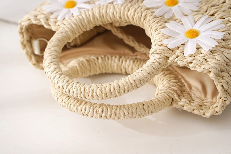 Hand-Woven Straw Daisy Bag for Women| Boho Moon-Shaped Summer Crossbody Purse