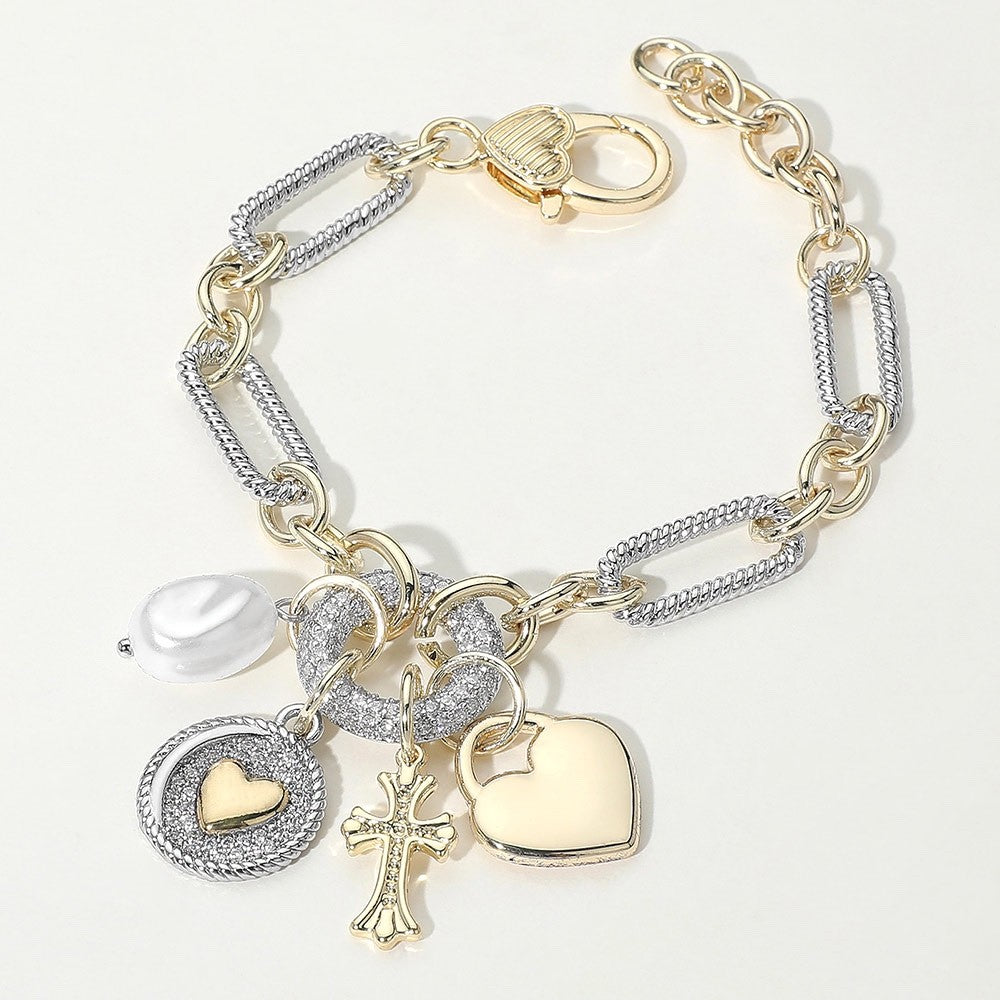 Two-Tone Mixed Metal Heart & Cross Multi-Charm Link Bracelet with Pearl Accent