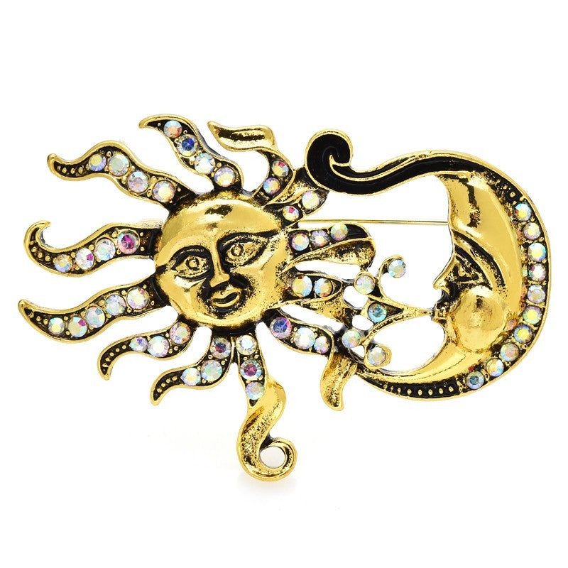 Vintage Gold Tone Sun Moon Rhinestone Brooch Pin Celestial Zodiac Jewelry Gift