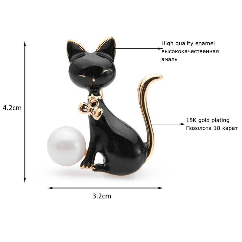 Cat Pearl Brooch Black Enamel 18K Gold Plated Lapel Pin Fashion Jewelry