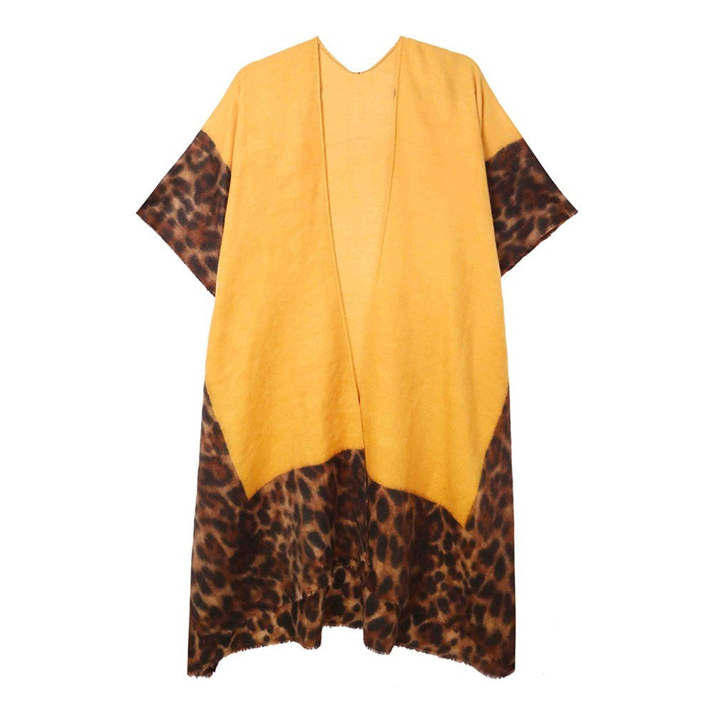 Womens Leopard Print Kimono Cardigan Open Front Shawl Wrap Cape Tunic Top