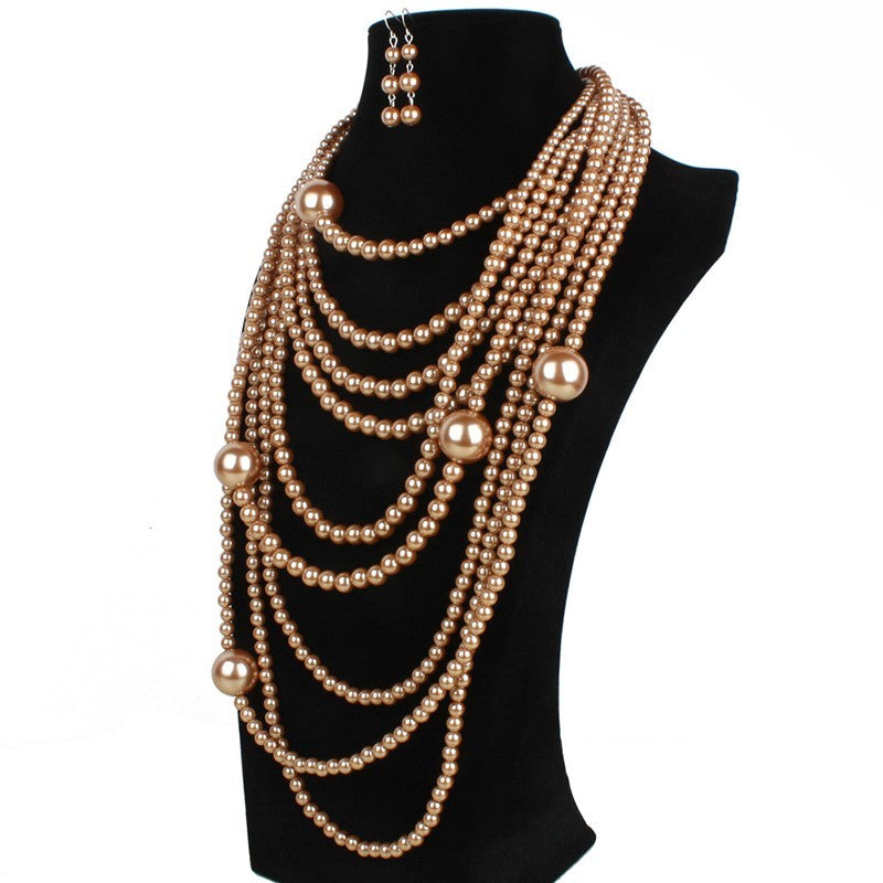Multi Strand Champagne Pearl Necklace Earring Set Statement Jewelry