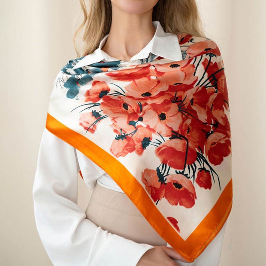 Large Floral Poppy Print Square Silk-Feel Head Neck Scarf Wrap 35.4x35.4 Inch
