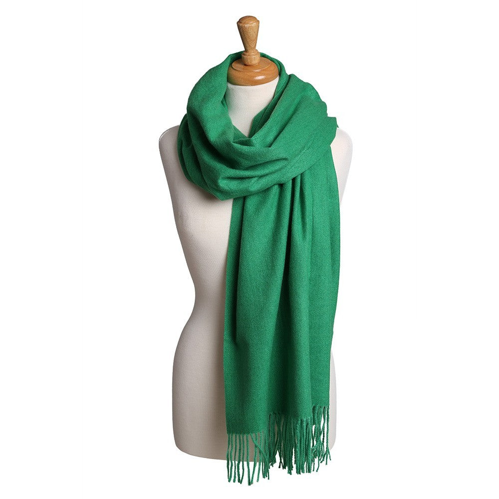 Green Oblong Scarf with Tassels Lightweight Soft Solid Wrap for Women