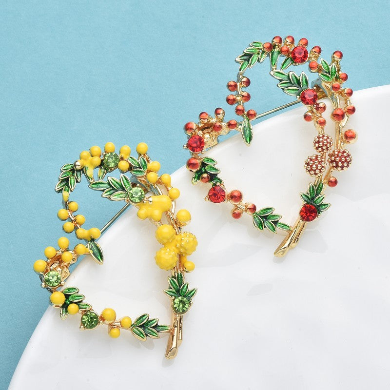 2 Pcs Heart Wreath Brooch Pin Lot Red Berry & Yellow Mimosa Enamel Rhinestone