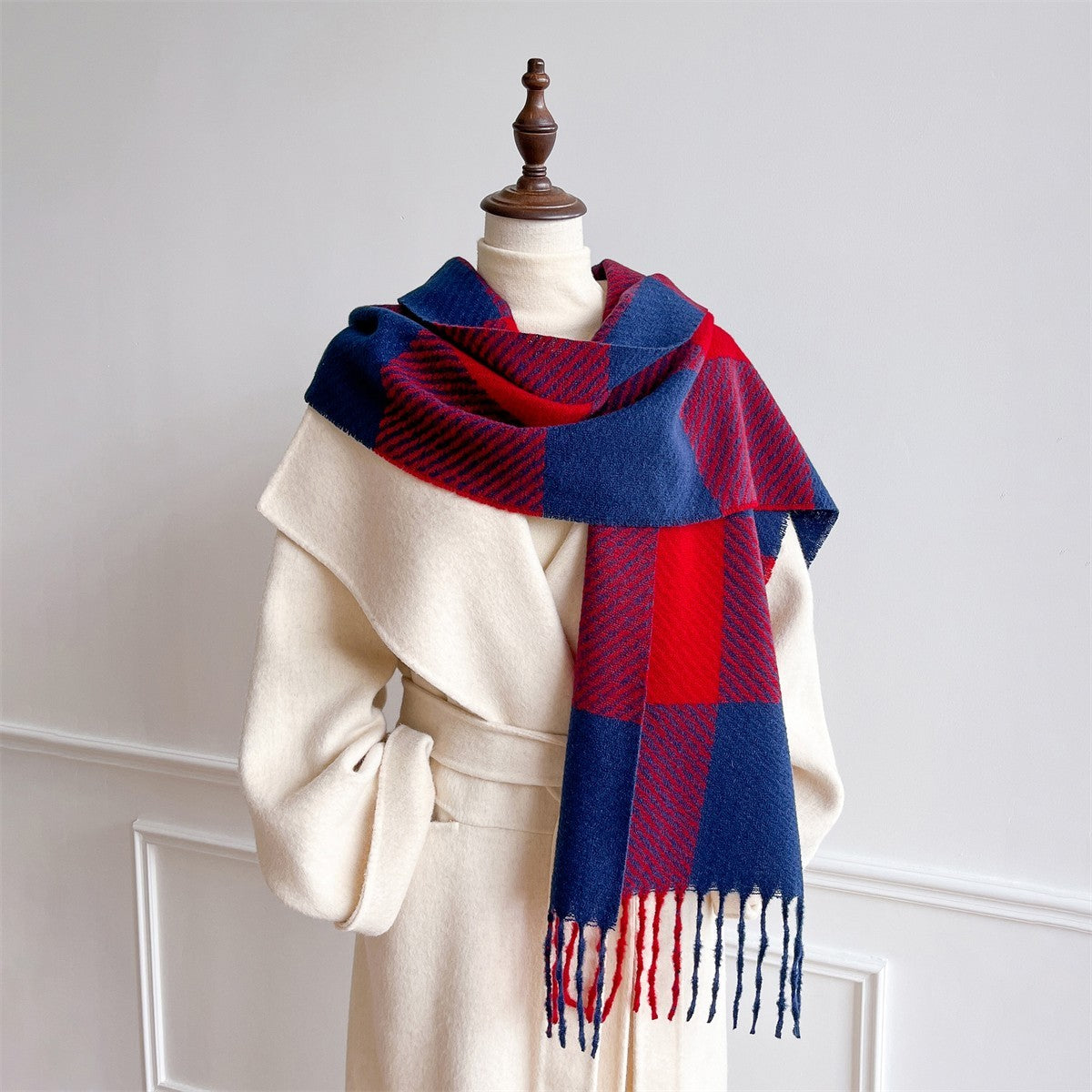 Soft Plaid Tartan Scarf Shawl Wrap for Women – Oversized Red and Blue Winter Fri