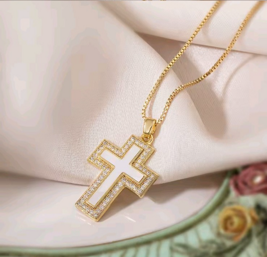 Women's Gold Cross Necklace White Enamel & Rhinestone Inlay