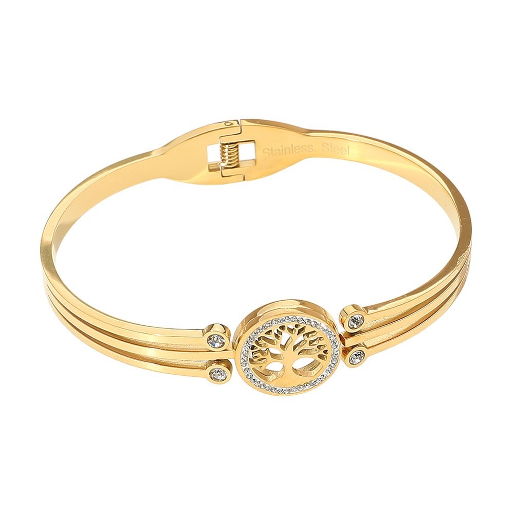 2pc Tree of Life Bangle Set CZ Accent Stainless Steel Gold Silver Tone Jewelry