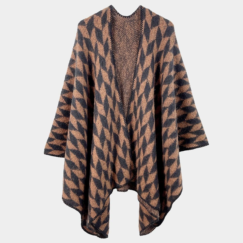 Geometric Patterned Knit Kimono Poncho Open Front Cape Wrap for Women Brown