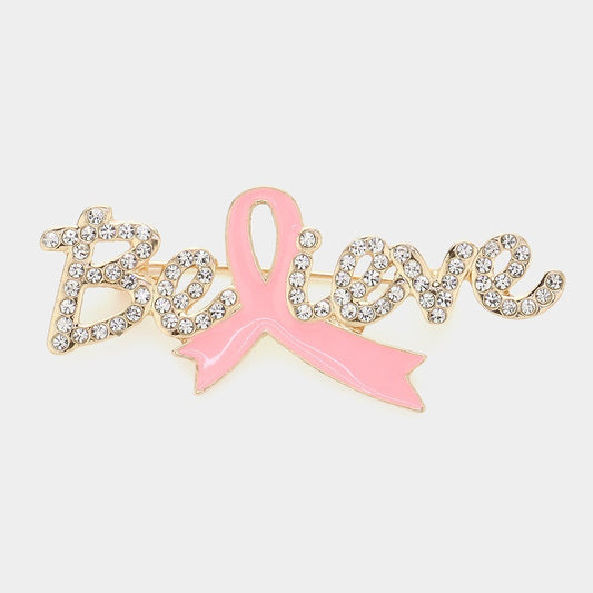 Enamel Pink Ribbon Pointed Stone Paved Believe Message Pin Brooch for Women Gold
