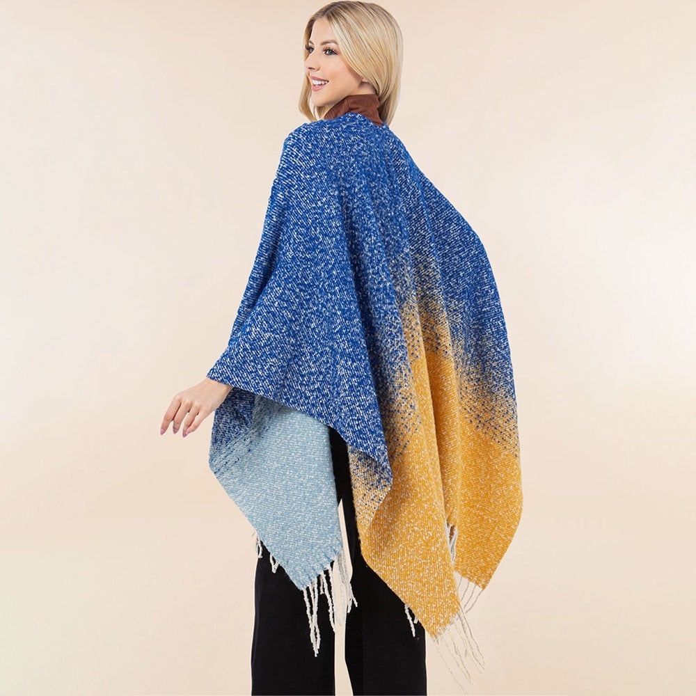Gradient Blue Open Knit Shawl Wrap with Fringe Detail in Soft Acrylic Yarn