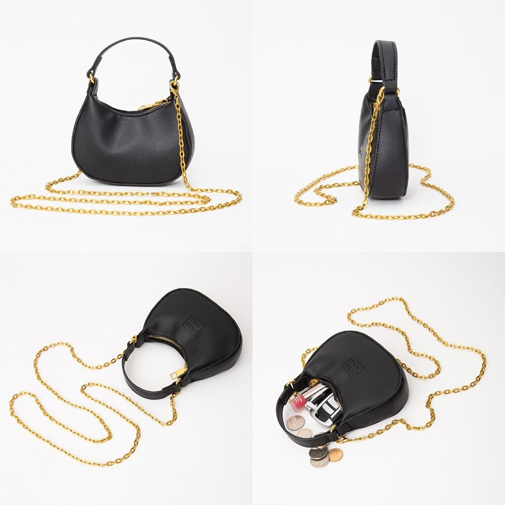 Black Faux Leather Mini Hobo Handbag with Gold Chain Crossbody Strap