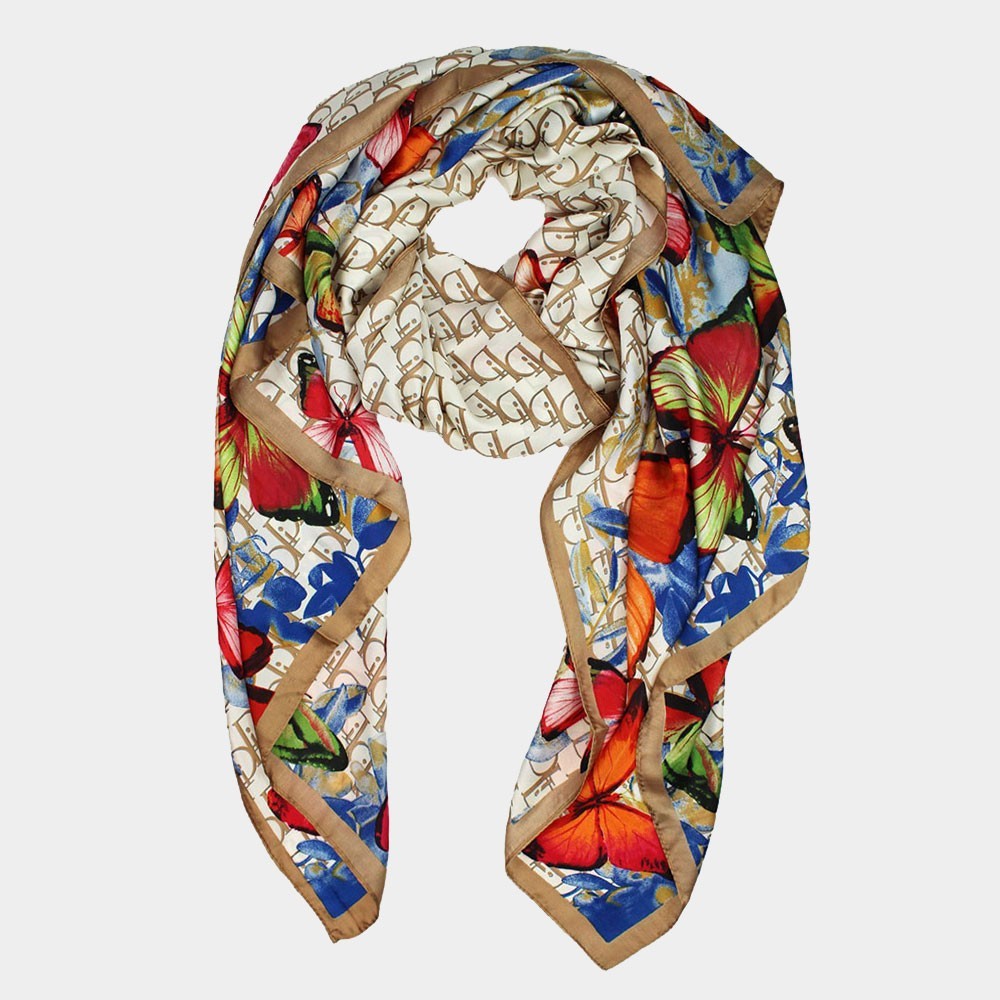 Butterfly Satin Scarf Shawl – Silky Oblong Lightweight Wrap with Printed Detail