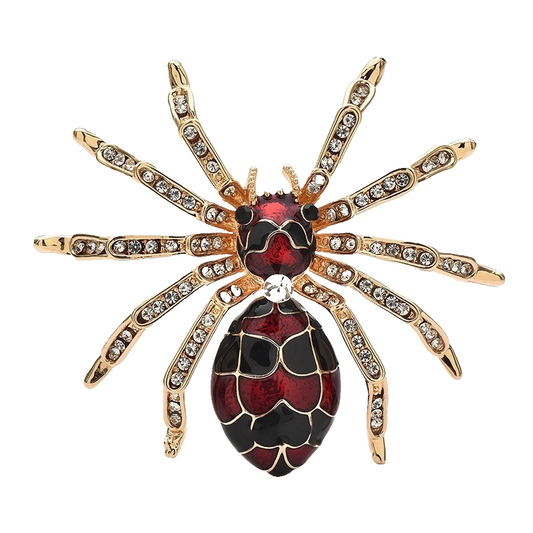 Red Black Enamel Rhinestone Spider Brooch Pin Gold Tone Statement Gothic Jewelry