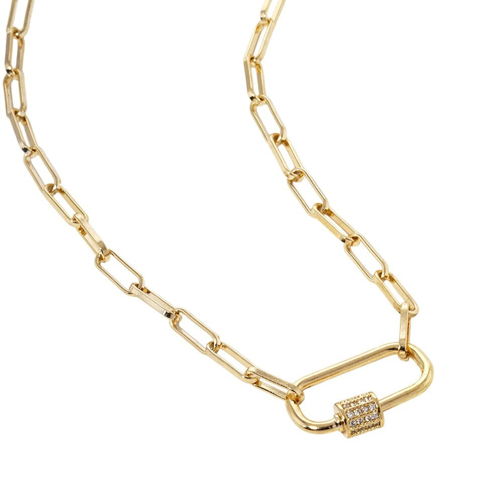 Gold Dipped CZ Carabiner Pendant Paperclip Chain Necklace Women’s Dainty Layered