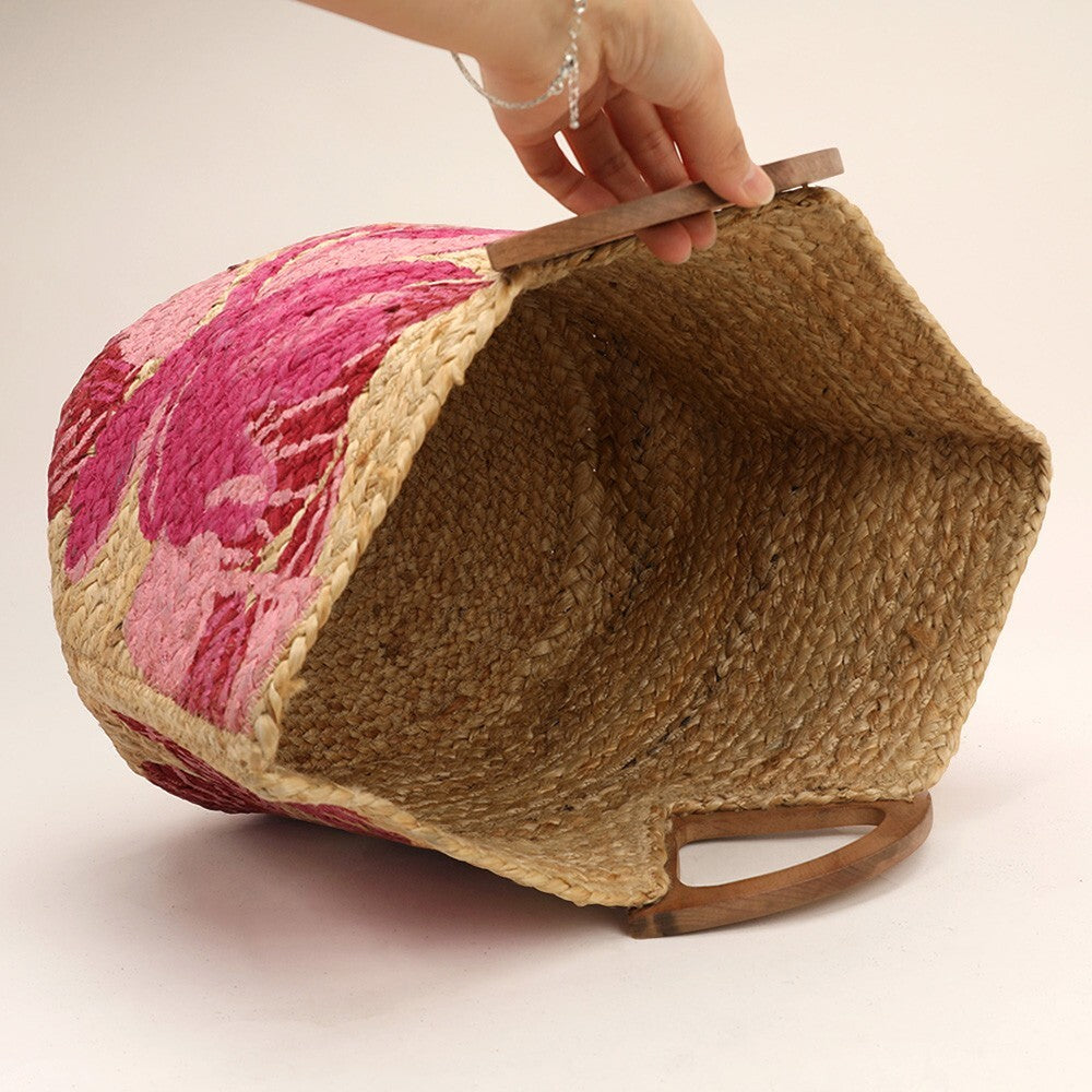 Floral Leaf Print Jute Tote Bag with Wooden Handles for Everyday Use
