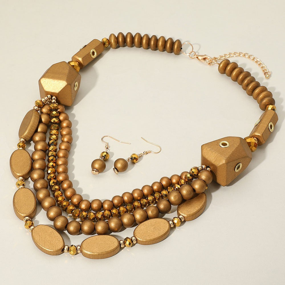 Bold Multi Layered Wood Beaded Statement Necklace Women’s Fashion Jewelry Gift