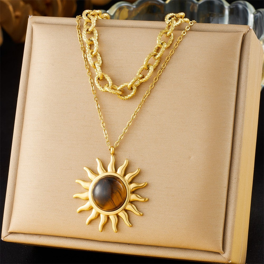 2-Layer Gold Stainless Steel Sun Tiger Eye Pendant Necklace Chic Women's Jewelry
