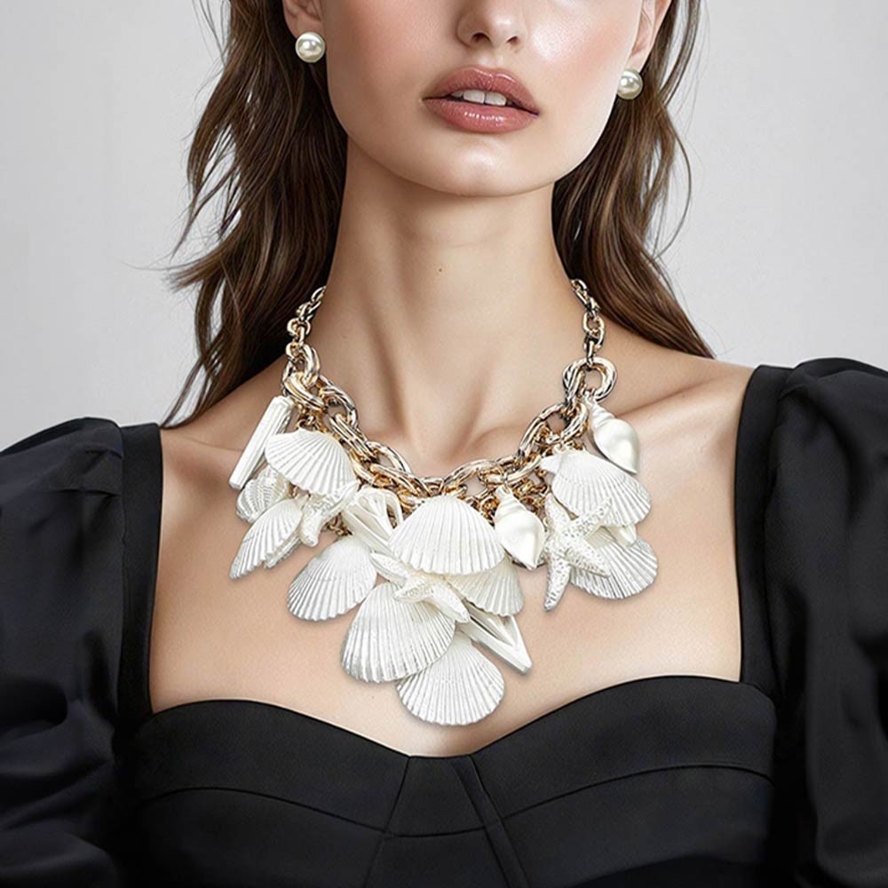 2pcs Gold Layered White Cowrie Shell Necklace with Crystal Enamel Earring Set