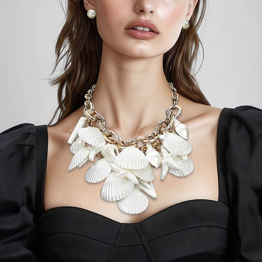 2pcs Gold Layered White Cowrie Shell Necklace with Crystal Enamel Earring Set