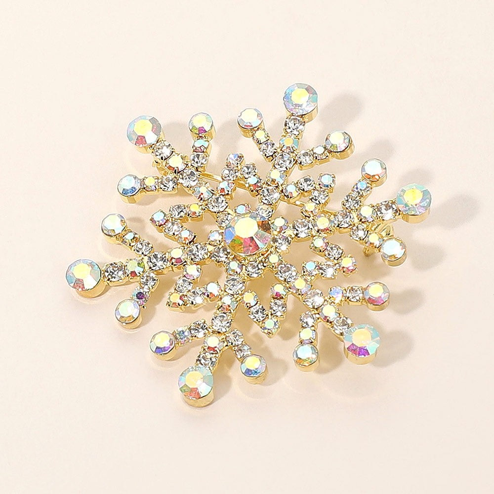 2pcs Sparkling AB Crystal Snowflake Brooches Silver & Gold Winter Jewelry