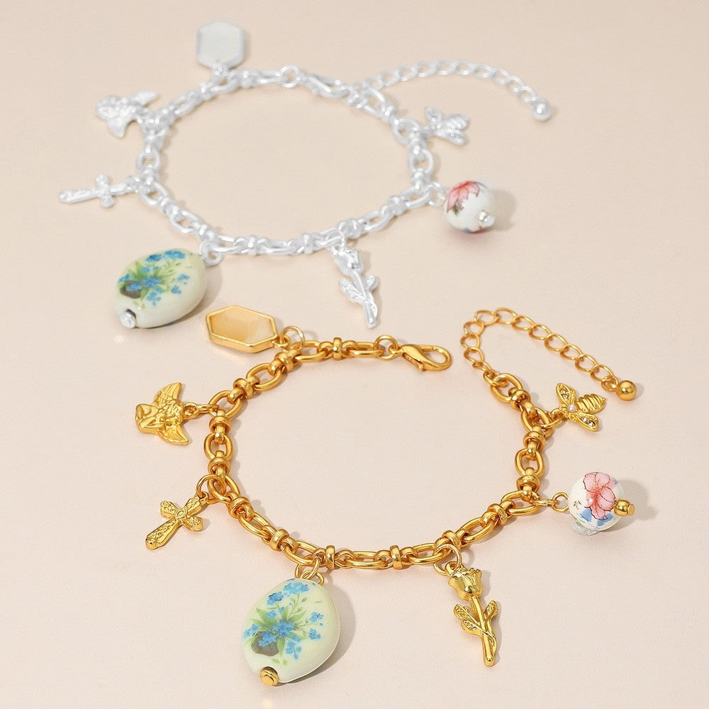 Dainty Gold Floral Charm Link Bracelet Vintage Porcelain Bee Cross Jewelry Gift