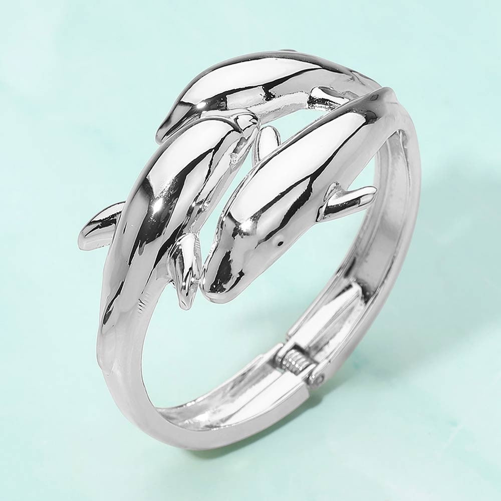 Silver Dolphin Triple Hinged Bangle Bracelet High Polish Nautical Beach Jewelry