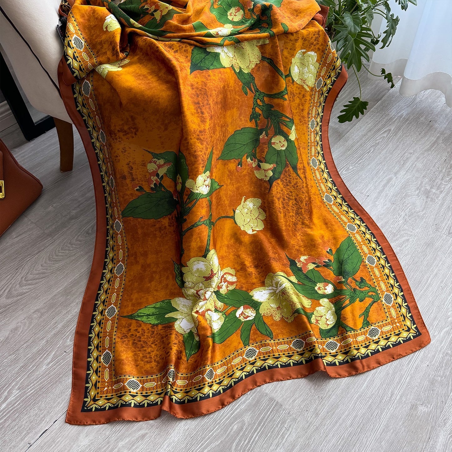 Orange Floral Print Scarf Wrap Silk Feel Large 71x35in Women's Gift