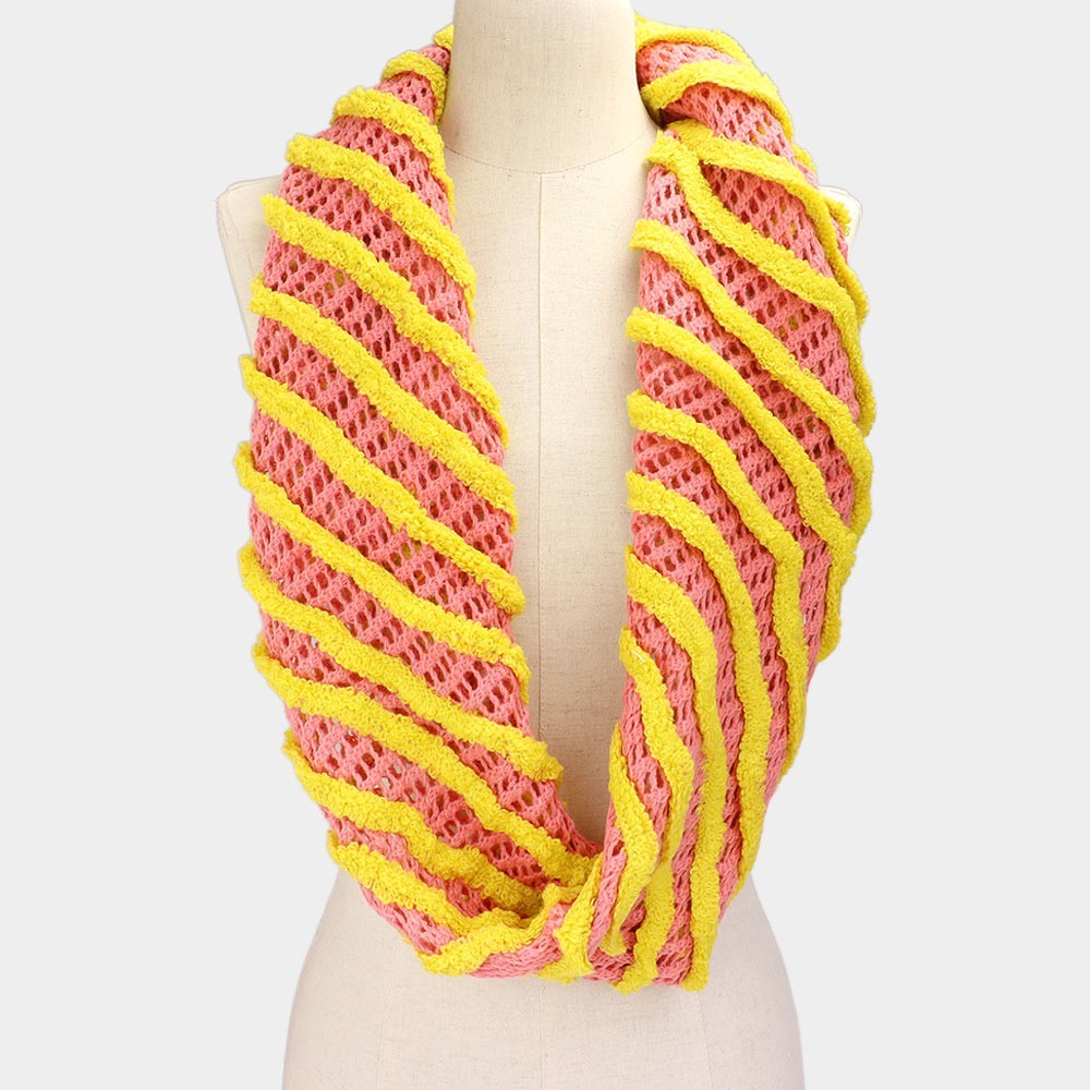 Bright Pink Yellow Stripe Crochet Infinity Scarf Snood Bohemian Knit Cowl Loop