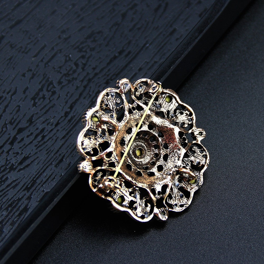 2PCS Antique Gold Dark Green Rhinestone Crystal Brooch Pin Set Vintage Style