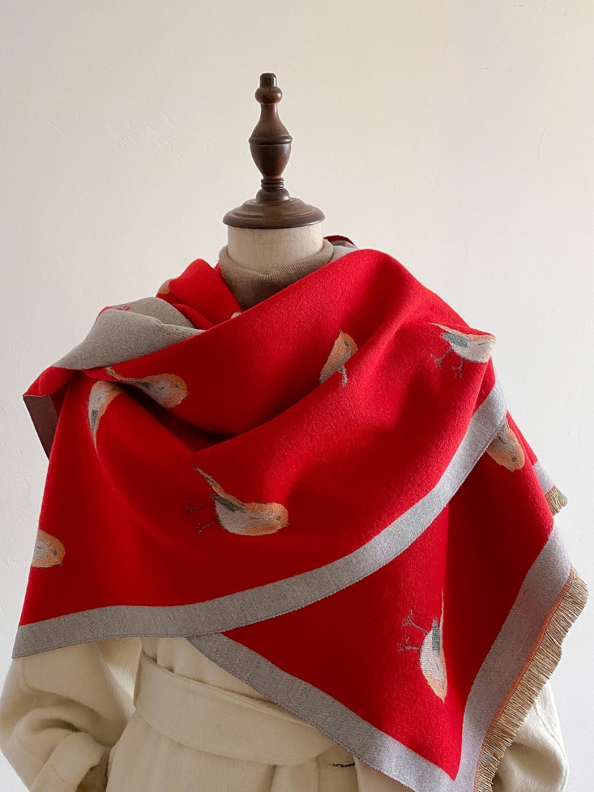 Luxurious Red Knit Wool Feel Shawl Scarf with Bird Motif Unisex Winter Wrap