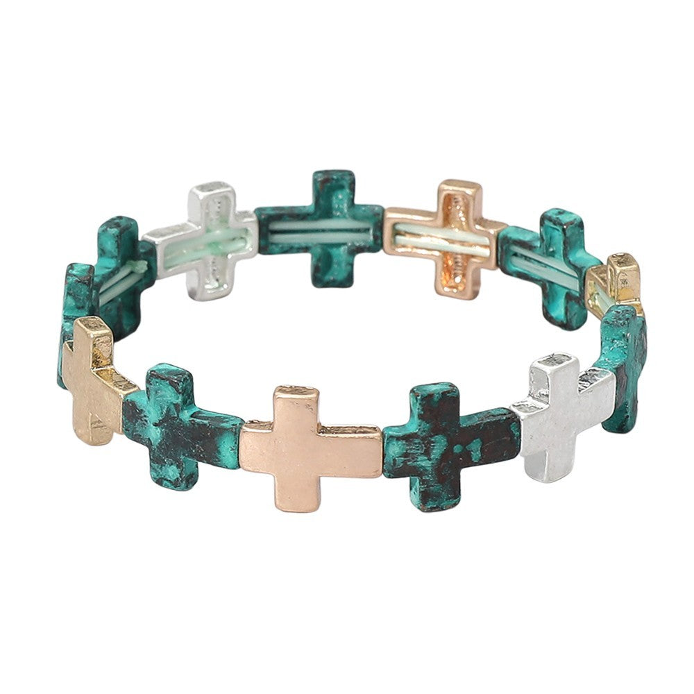 Multicolor Cross Stretch Bracelet Patina Silver Gold Religious Faith Jewelry
