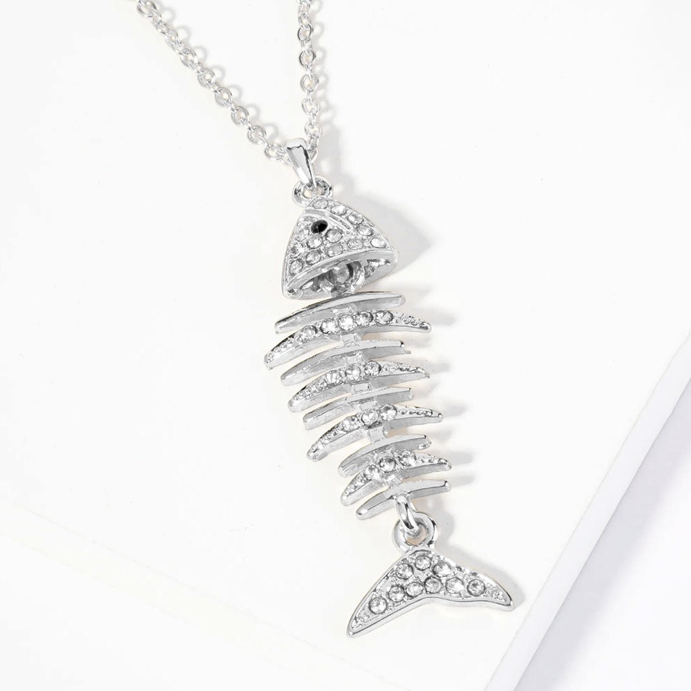 Crystal Pave Fishbone Pendant Necklace Dainty Cute Chain Jewelry for Women