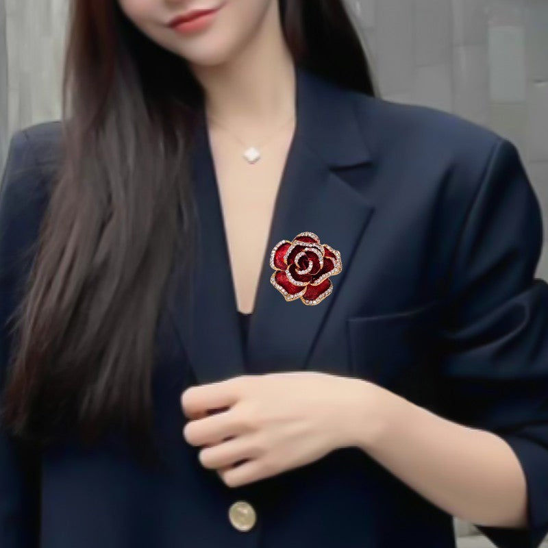 3pcs Rose Flower Brooch Set Red White Black Enamel Rhinestone Crystal Jewelry