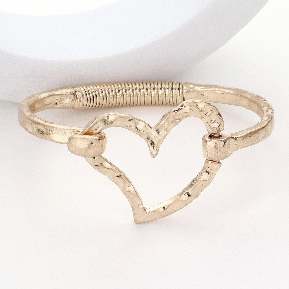 2PCS Hammered Metal Open Heart Hook Bangle Bracelet Set Gold Silver Tone