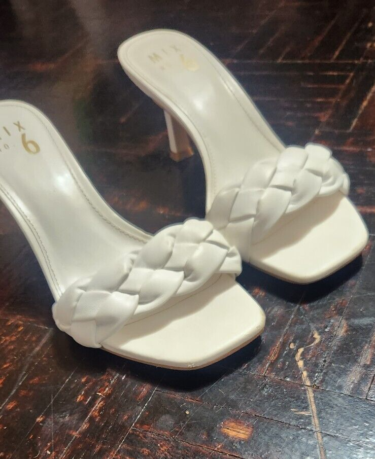 Mix No 6 White Cushion Fabric Slip On Sandals for Women Kitten Heels White 6.5