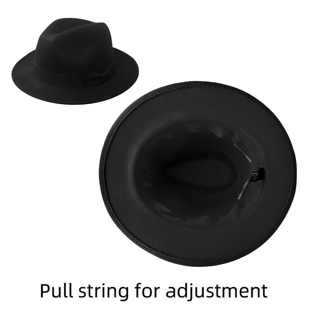 Classic Men's Black Wool Felt Fedora Hat Wide Brim Adjustable Gangster Jazz Cap