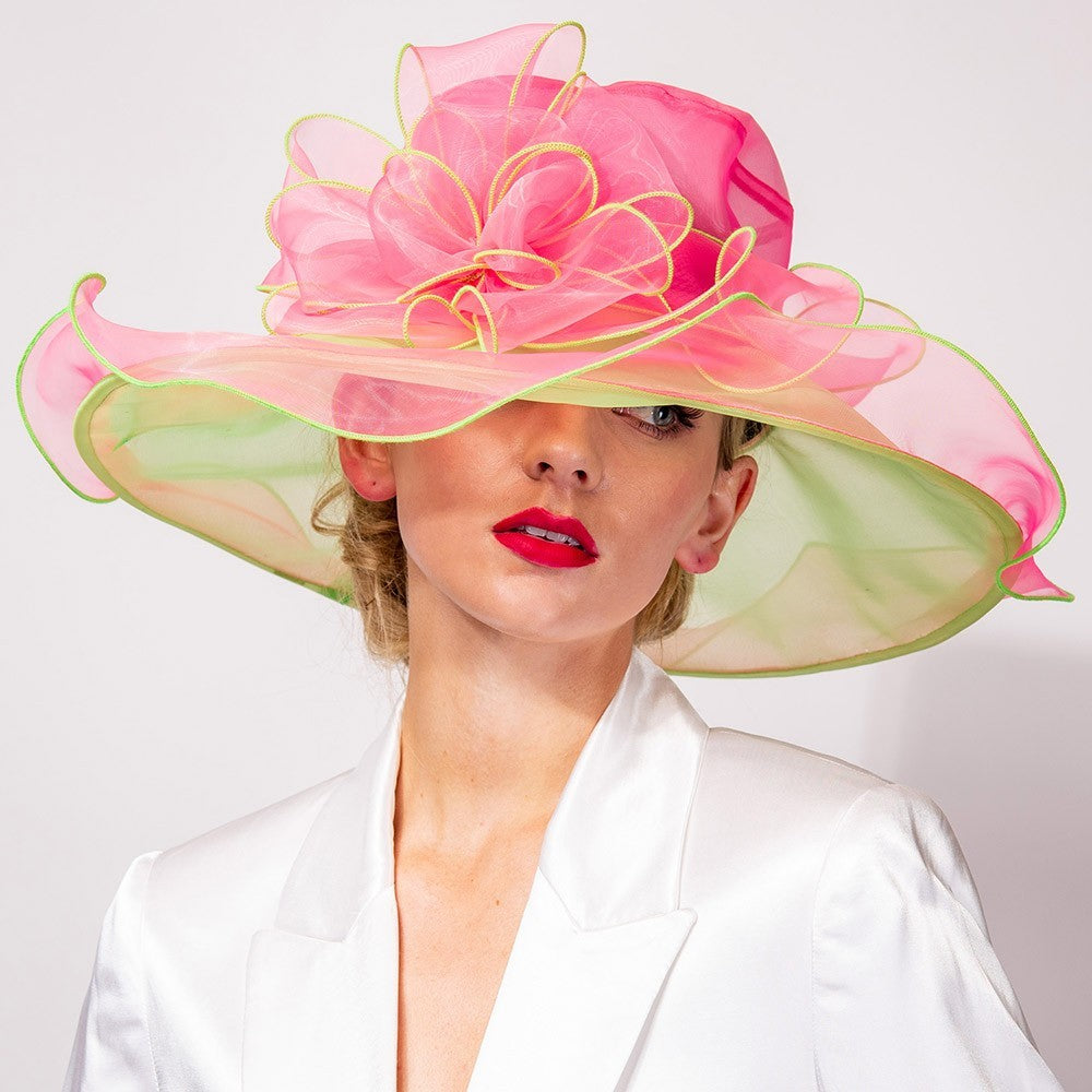 Women's Mesh Flower Bow Organza Dressy Wide Brim Double Layer Hat Pink & Green