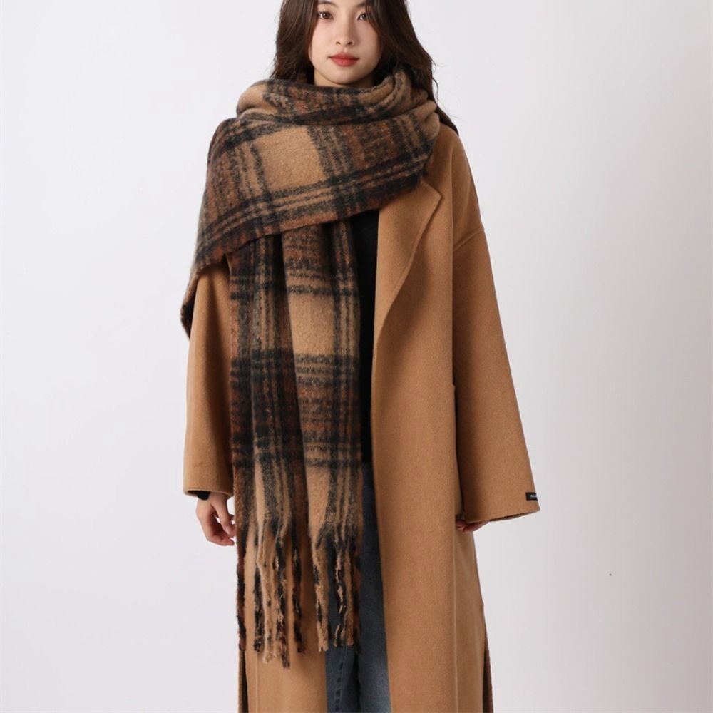 Oversized Soft Cashmere Feel Plaid Blanket Scarf Wrap Camel Brown Black