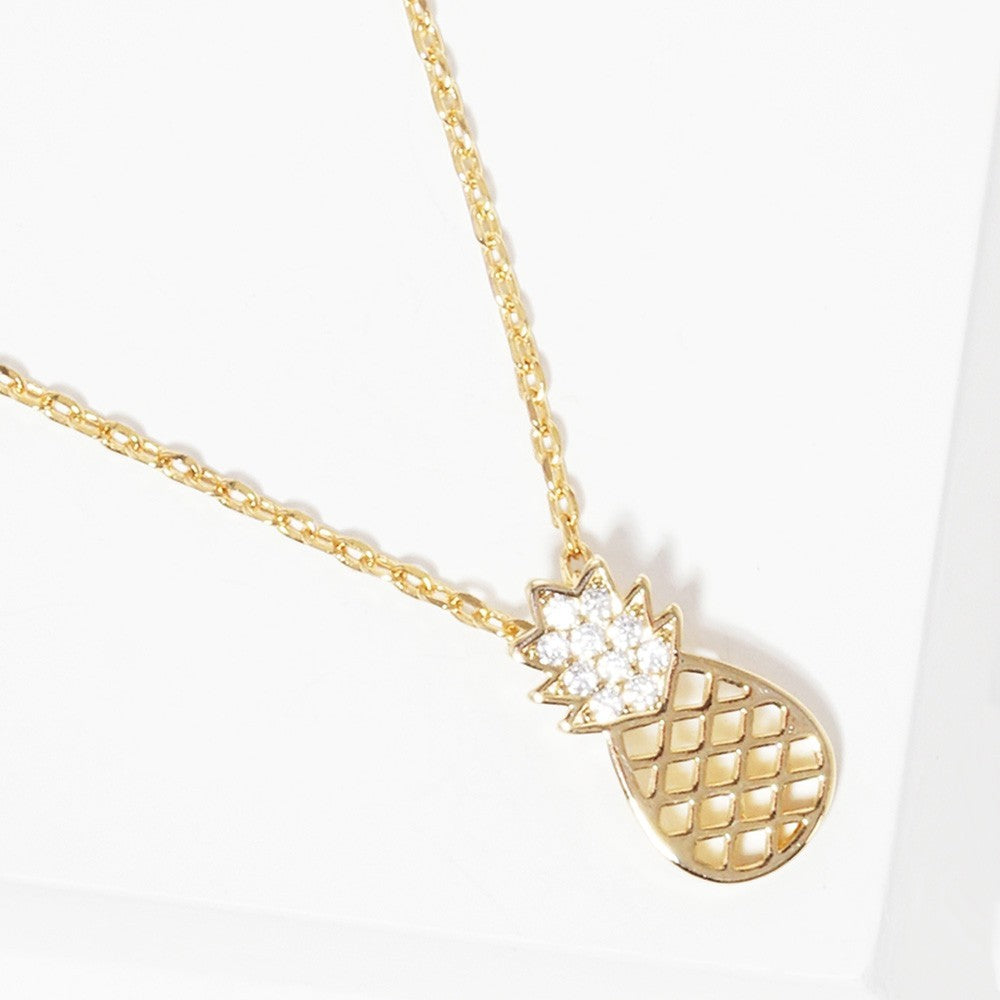 Gold Tone Pineapple Cubic Zirconia Charm Pendant Necklace 15.5" Jewelry Gift