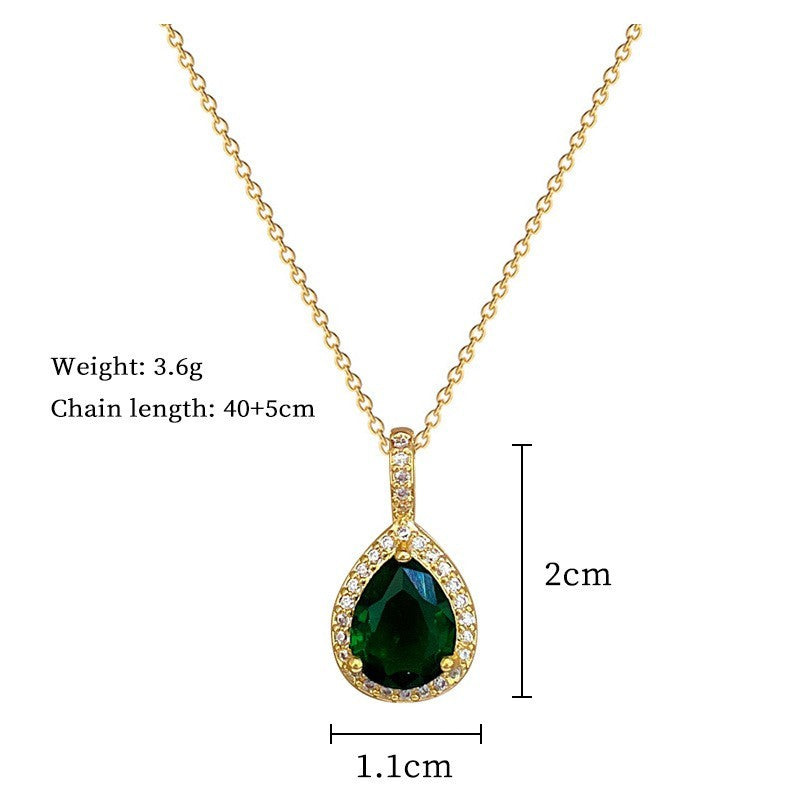 Gold Plated Stainless Steel Green Teardrop Zircon Necklace Earring Set for Women