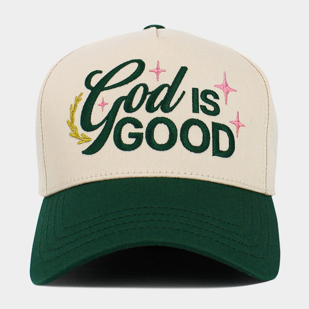 God Is Good Embroidered Trucker Hat Beige and Green Christian Faith Cap