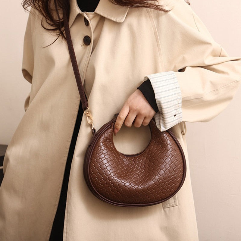 Woven Brown Crescent Shoulder Bag Faux Leather Crossbody Hobo Bohemian Purse
