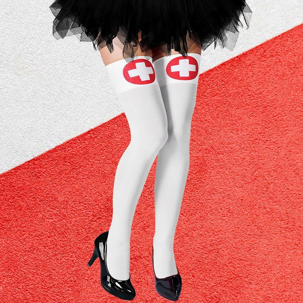 Sexy Nurse Costume Thigh-High Stockings White Red Cross Over Knee Socks