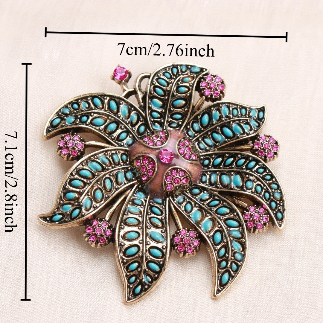 Vintage Gold Tone Flower Brooch Turquoise & Pink Rhinestone Floral Pin