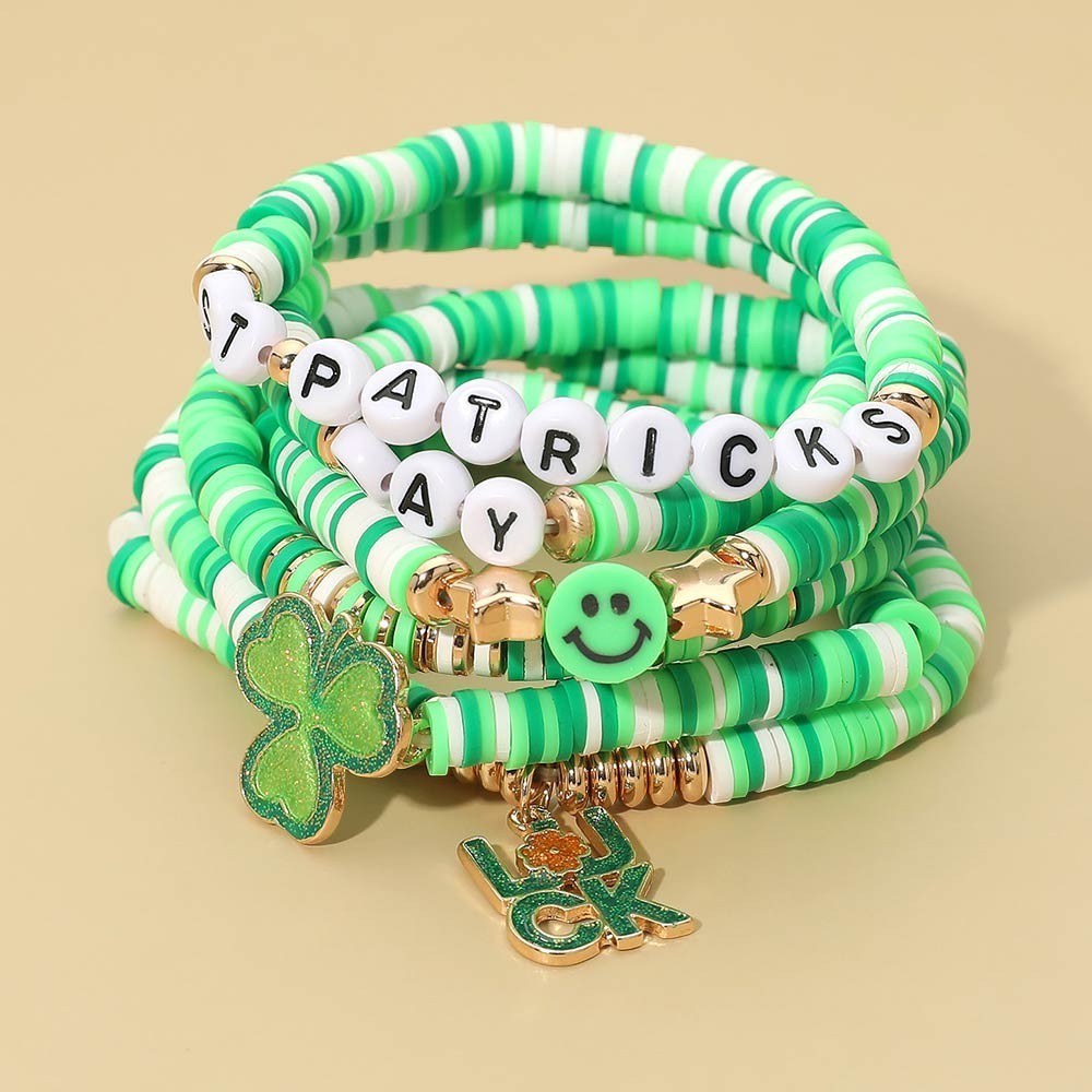 Women's 6 Pcs Luck Smile Clover St Patrick's Day Heishi Beaded Stretch Bracelets