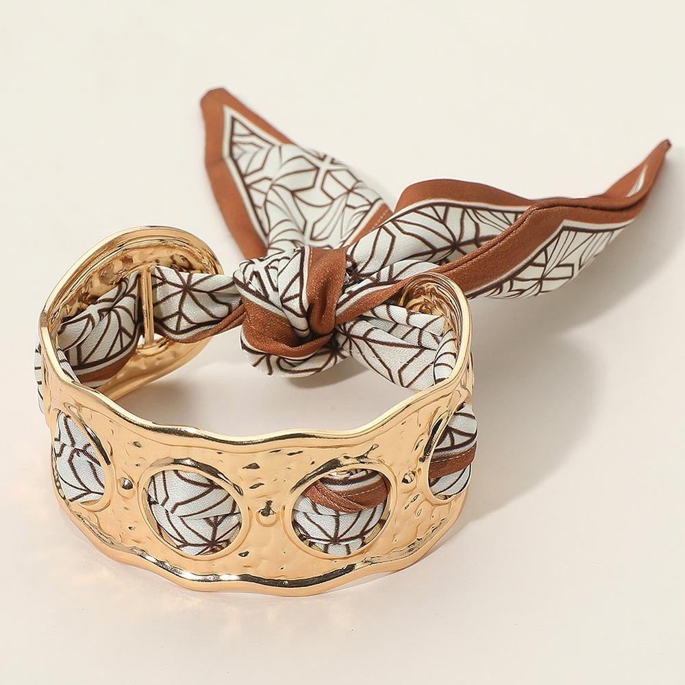 2PCS Gold Hammered Metal Cuff Bracelet with Scarf Tie Elegant Statement Jewelry