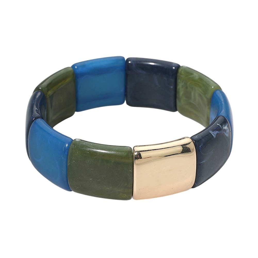 2pc Gold Navy Blue Olive Green Resin Square Tile Chunky Statement Stretch Bracel