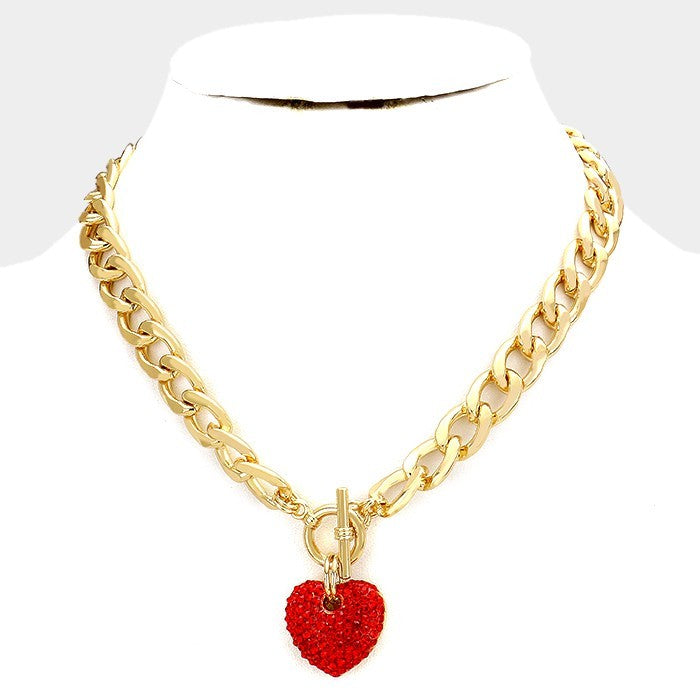 Chunky Gold Chain Toggle Necklace with Red Rhinestone Heart Pendant for Women